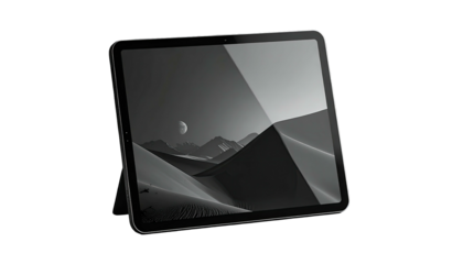 Angled tablet shows a desert landscape on a dark background