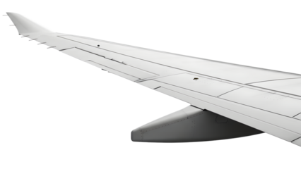 Airplane wing with flaps and ailerons isolated on a transparent background aircraft aviation white