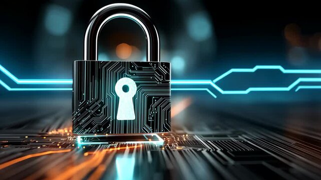 digital neon light lock symbol on screen, online network security and personal data security theme	
