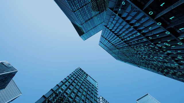 Low Angle View of Futuristic Glass Skyscrapers with Blue Light Effects