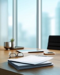 Fototapeta premium Stack of printed documents on wooden office desk with eyeglasses, pen, laptop and smartphone near window. Business paperwork concept with copy space in modern corporate office.