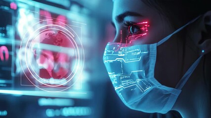 A skilled female scientist meticulously analyzes complex data in a dynamic cyberspace using cuttingedge technology to enhance her research and foster innovations in medical diagnostics and healthcare - Powered by Adobe