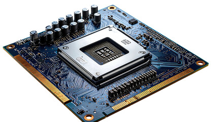 Close-up of a blue printed circuit board with central processor housing