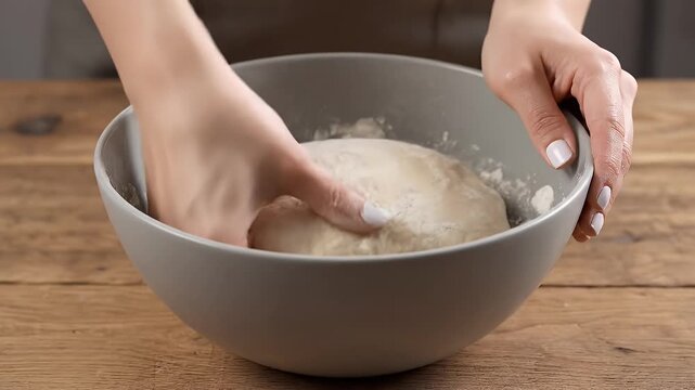 Woman Kneading Dough In A Grey Bowl On A Wooden Table With Natural Lighting