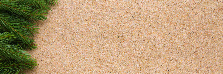 Green natural fresh fir branches on light brown dry sea sand background. Closeup. Christmas decoration. Wide banner. Empty place for text. Top down view.