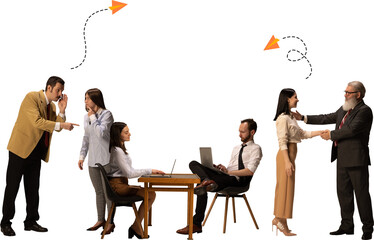 Creative composition of office workers exchanging ideas on transparent background. Concept of...