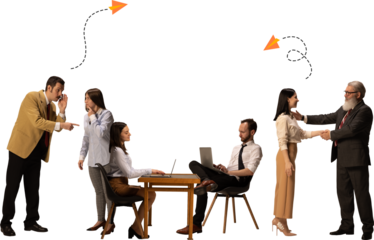 Creative composition of office workers exchanging ideas on transparent background. Concept of business communication, teamwork culture, planning discussion and collaboration.