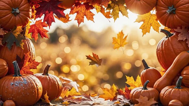 Bountiful autumn harvest of pumpkins and leaves