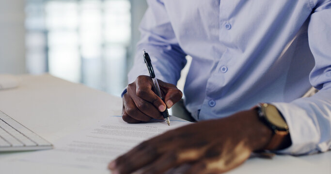 Lawyer, hands or signature on paperwork in office, settlement contract or court filling process for client. Disclosure agreement, pen or person with document for legal compliance, law firm or writing