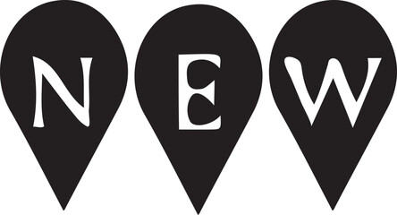 Black and white illustration of the word 'New' in three distinct pointers on a transparent background