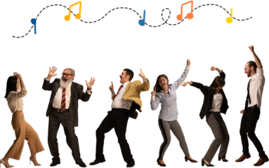 Expressive mixed media of colleagues celebrating success on transparent background. Concept of achievement, motivation, positive corporate culture and team results.