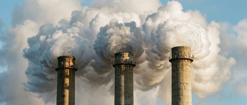 Tall industrial chimneys releasing heavy plumes of smoke and air pollution into the sky, symbolizing environmental concerns