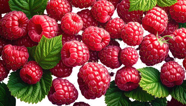 Close-up view of fresh red raspberries and vibrant green leaves