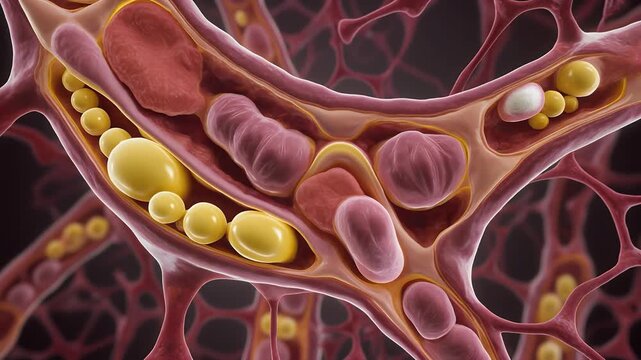 Microscopic illustration of blood vessels containing red blood cells, fat globules, and other cellular components.