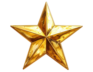A radiant, five-pointed gold star, with reflections, isolated on black