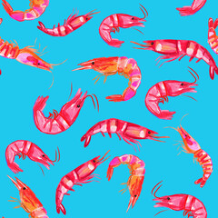 Seamless hand-painted watercolor pattern featuring vibrant pink shrimp on a bright  blue background,