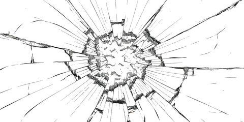 A black and white sketch illustrating a shattered glass effect from a central impact point