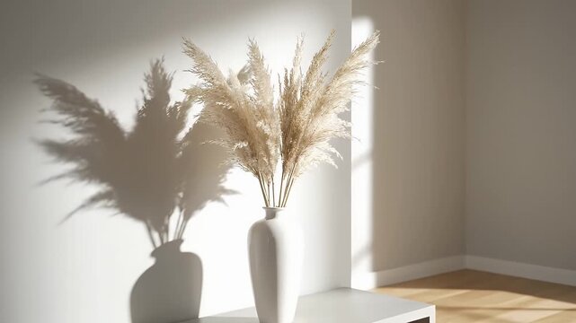 Minimalist Interior Scene With Tall Pampas Grass In A White Vase Casting Shadows On A Light Wall Near A Window