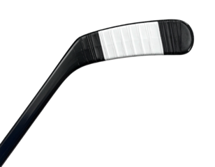 Close-up of a hockey stick blade with white tape against a black background