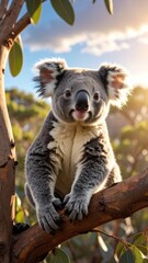 Obraz premium A charming portrait of a koala perched on a eucalyptus branch against a golden hour sky.