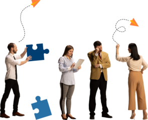 Playful artwork of business team solving puzzle on transparent background. Concept of problem solving, corporate development, teamwork integration and strategic thinking.