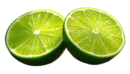 Two halves of a juicy green citrus fruit, cut open, with details