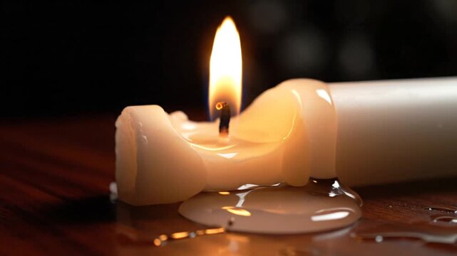 Candle flame dances over melted wax on wood