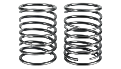 Two metallic coil springs on a black background, close-up view