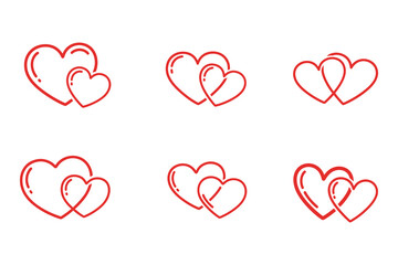 A collection of simple red outline illustrations featuring two overlapping hearts, symbolizing love and connection