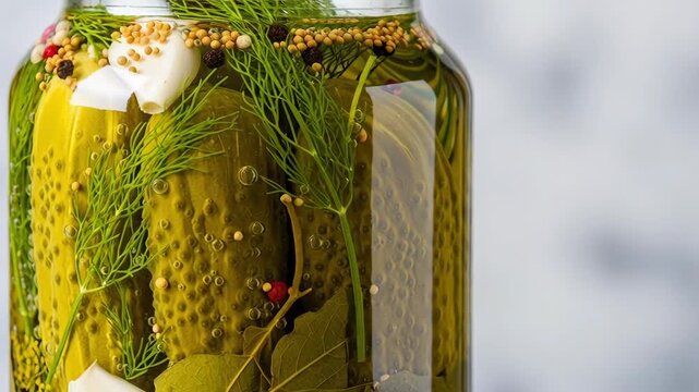 Closeup rotation of pickle jar with herbs and spices in brine