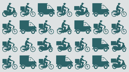 Seamless pattern of delivery vehicles and couriers on bicycles and scooters with cargo boxes for logistics and transportation concepts