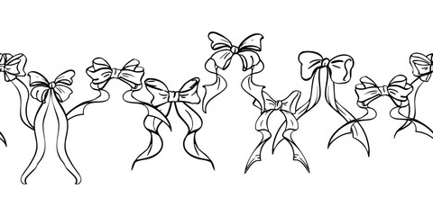 Soft tied ribbon bow garland with looping ends and trailing ribbons. Seamless banner isolated illustration hand drawn in ink. For romantic stationery, weddings, baby showers, feminine branding.