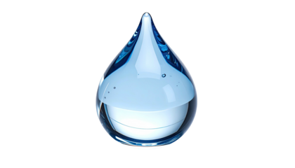 A perfectly shaped, clear blue water droplet isolated on a black background