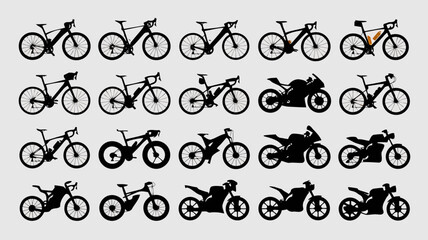 Collection of silhouettes of various bicycles and motorcycles displayed in a grid pattern on a light gray background