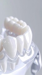 Macro shot of pristine, glossy dental crowns on a clear model.