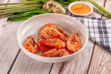 Delicous boiled tiger prawn with sauce