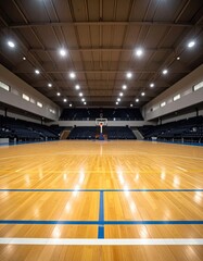 Wide-angle view of an empty, brightly lit indoor basketball court with wooden flooring and spectator seating.