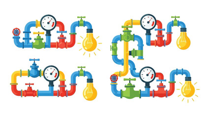 Colorful pipe systems with gauges and lightbulbs illustrating flowing ideas