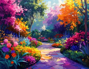 A vibrant, colorful garden path winding through a landscape bursting with blossoms and lush foliage under bright daylight.