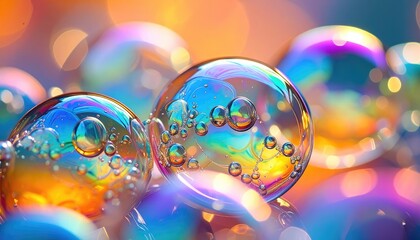 A close-up view of iridescent soap bubbles reflecting vibrant, abstract light.