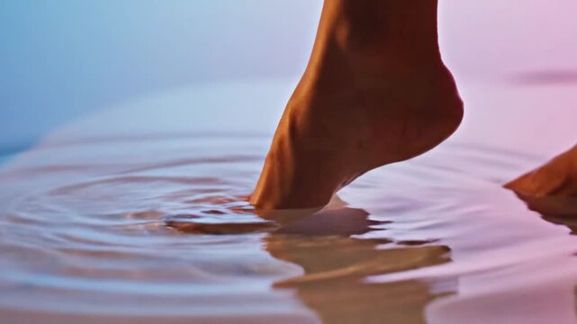 A close-up shot of a person's bare foot gently stepping into clear, shallow water, creating soft ripples on the surface.