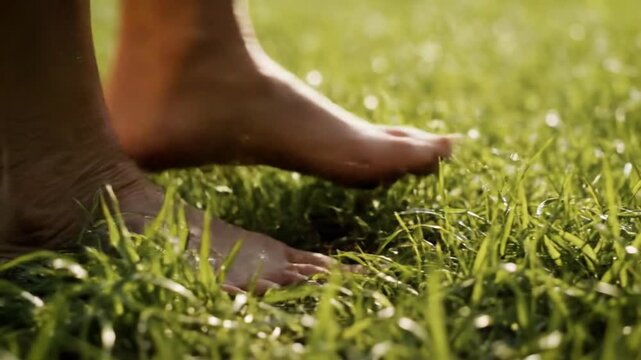 Bare feet gently stepping on lush green grass covered in morning dew under warm sunlight.