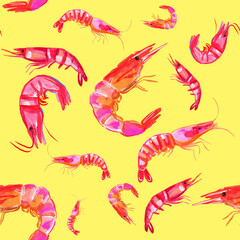 Seamless hand-painted watercolor pattern featuring vibrant pink shrimp on a bright yellow background, full of playful energy and summer mood. Ideal for food packaging, textiles, wallpapers, kitchen de