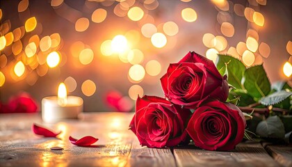 A romantic arrangement of red roses, a burning candle, and soft bokeh lights on a wooden surface.