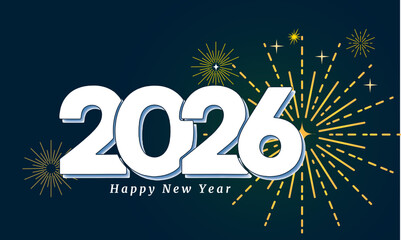 White numbers 2026 with fireworks on navy background. Happy New Year greeting card design vector