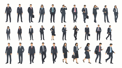 Diverse group of business professionals in various poses and attire.