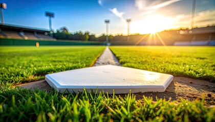 A dramatic low-angle view of a white base on a baseball field at sunset.