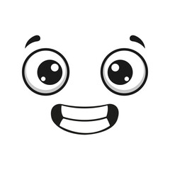 Cute cartoon face with big shiny eyes and smiling mouth, isolated on white background, simple black and white illustration representing happiness, fun, emoji style, and playful emotion.