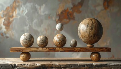 A still life composition of textured wooden and stone spheres balanced on a rustic wooden plank.