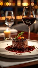 A beautifully plated, perfectly seared filet mignon served with red wine sauce in a dimly lit, romantic restaurant setting.